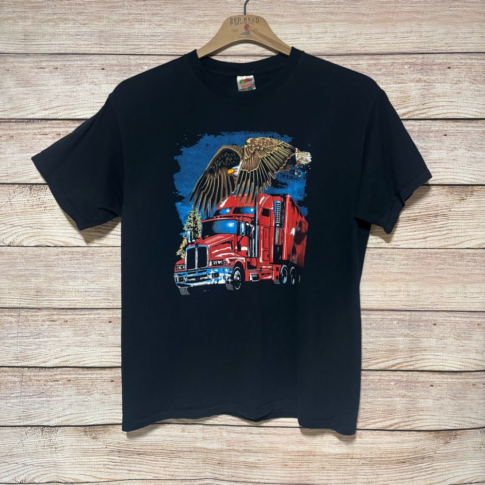 Fruit of the Loom XL Black Tee with Red Semi & Brown Eagle Graphic